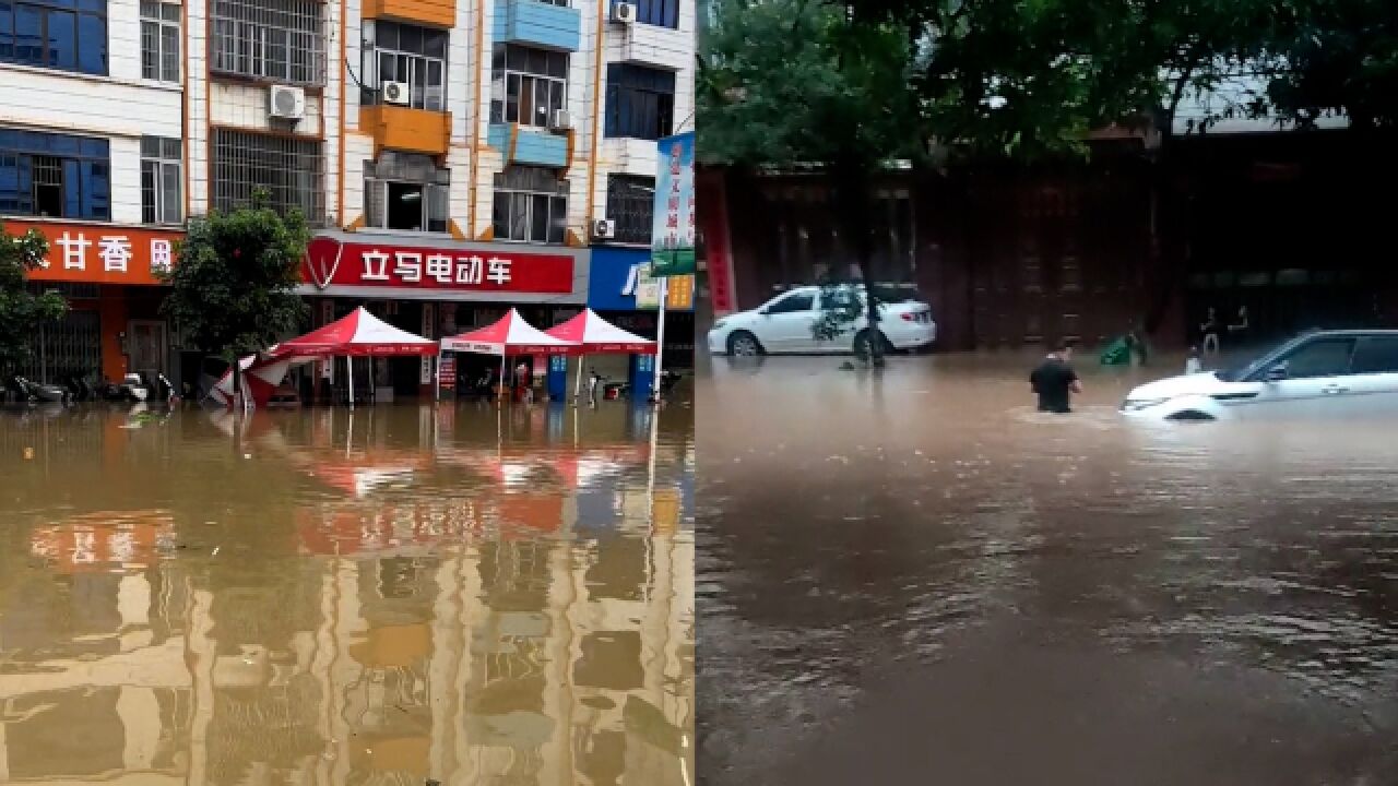 广西平南县遭遇“龙舟水” 部分道路积水没腰沿街房屋进水