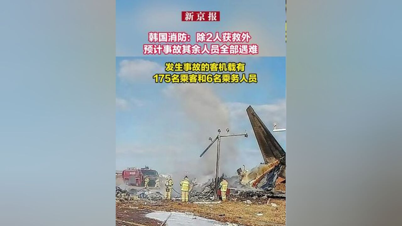 韩国消防:除2人获救外预计事故其余人员全部遇难 发生事故的客机载有175名乘客和6名乘务人员