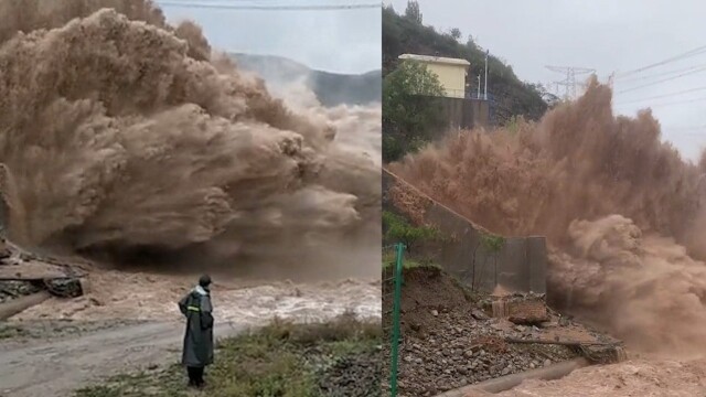 山西清徐乌马河洪水决堤上万群众转移直击祁县水库泄洪现场