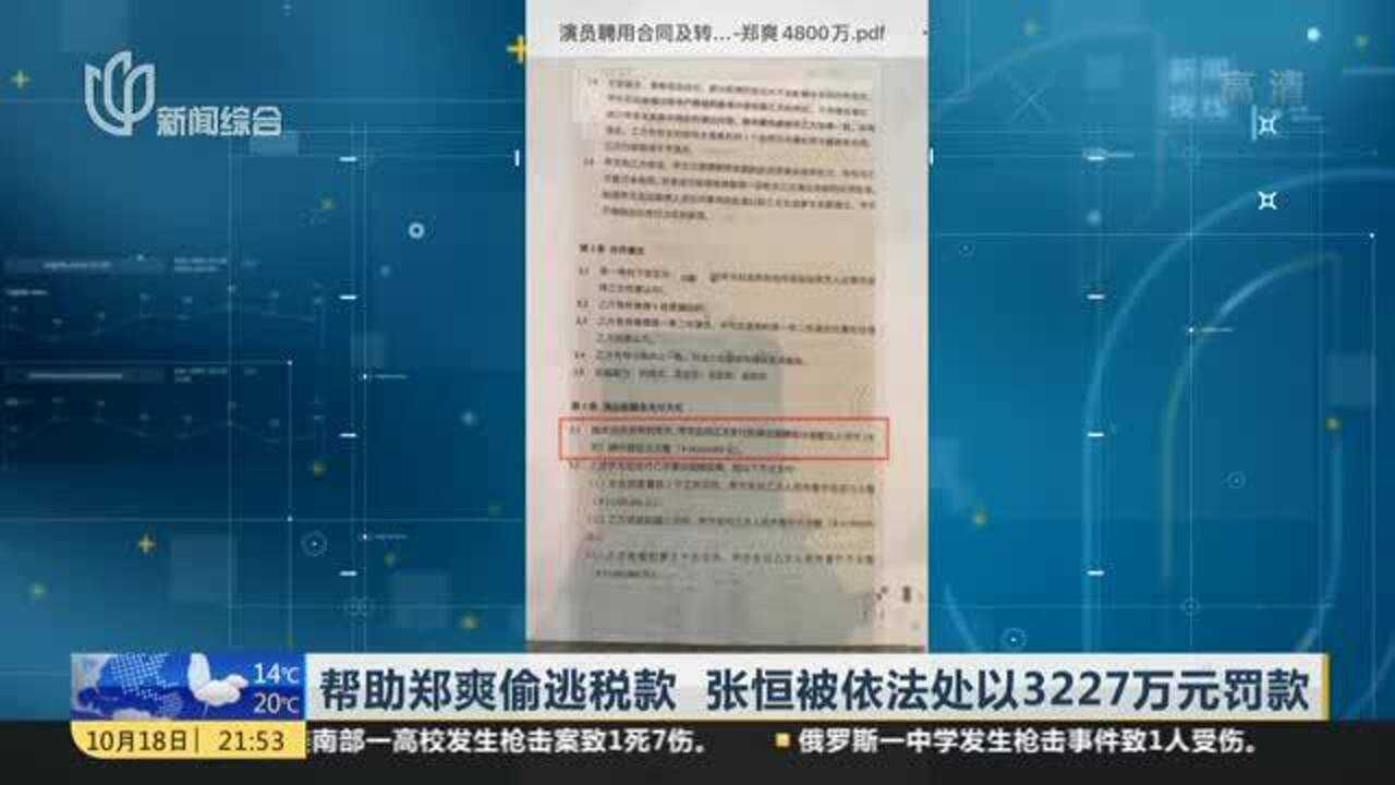 帮助郑爽偷逃税款 张恒被依法处以3227万元罚款