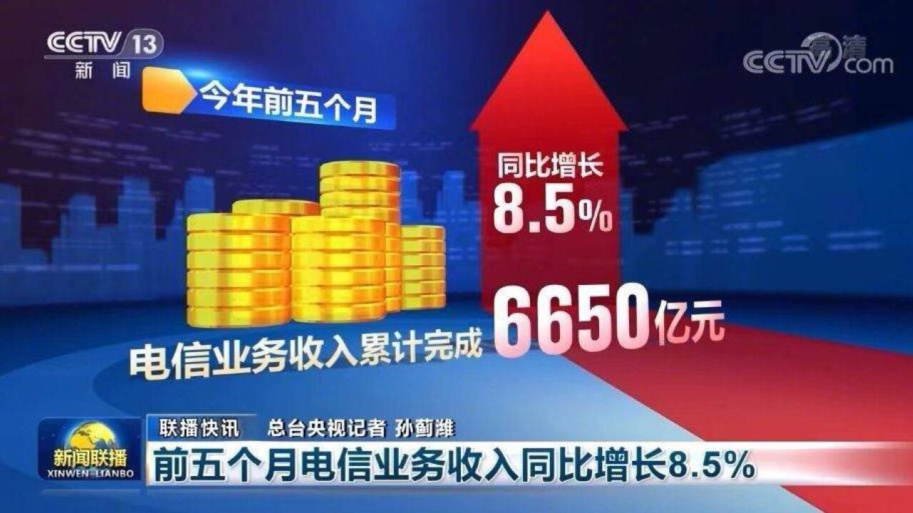 工信部:今年前五个月电信业务收入同比增8.5%