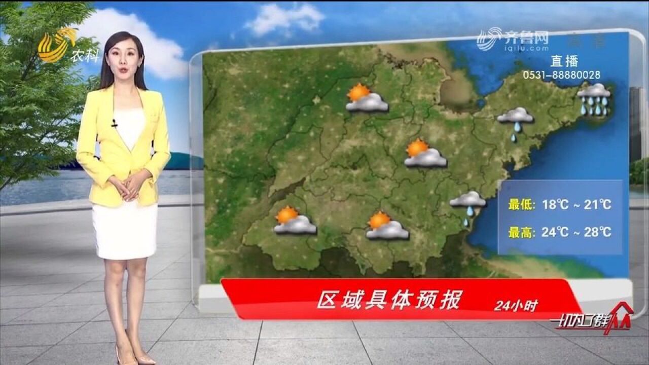 威海大到暴雨,局部大暴雨,烟台、青岛阴有小雨,最高温24到28℃