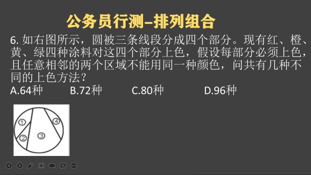 云南公考,一个圆分成4部分,涂颜色,共有几种不同的上色方法