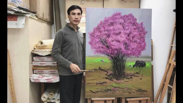 香格里拉花海杜鹃花布面油画风景花卉写生创作90*120cm