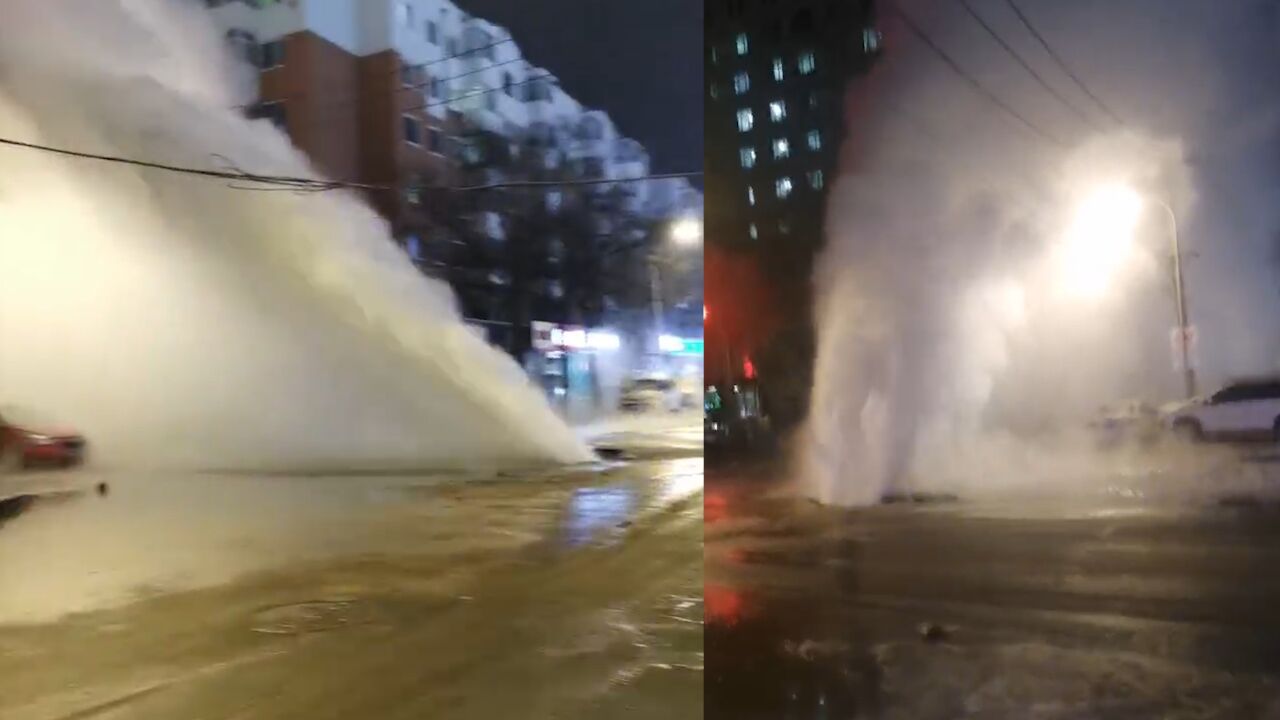 哈尔滨一街道供暖管破裂喷出水柱,供热公司:施工队正在抢修