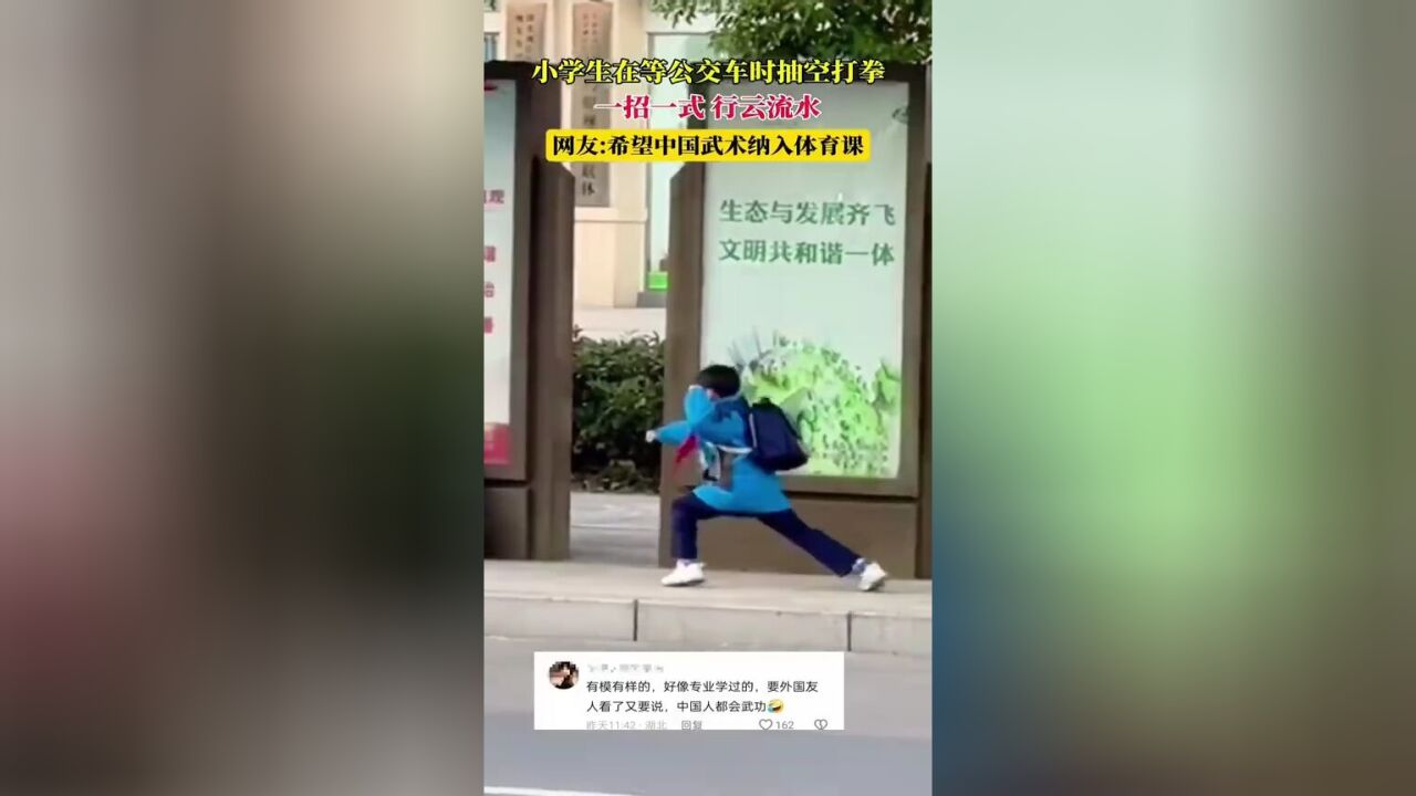 小学生在等公交车时抽空打拳 一招一式 行云流水 网友:希望中国武术纳入体育课