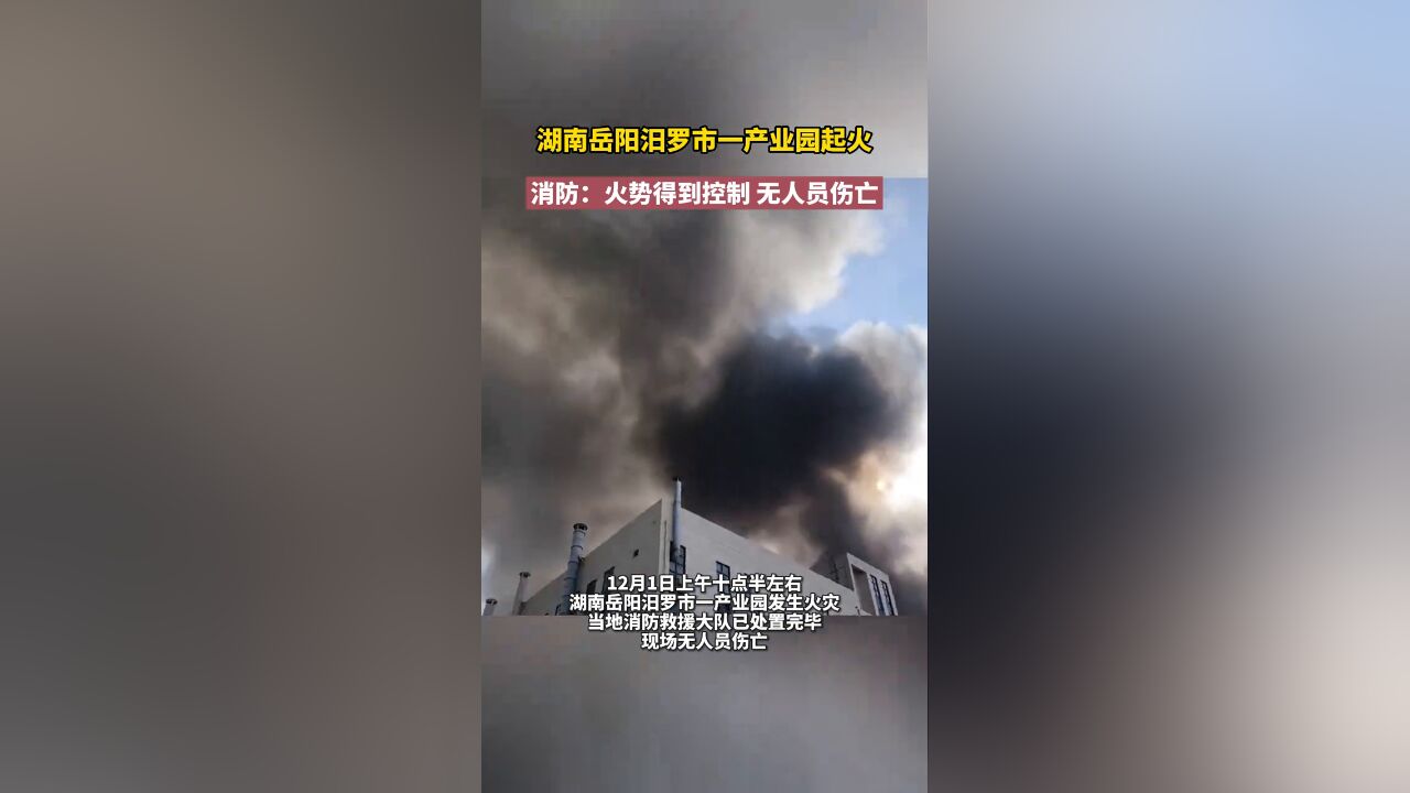 湖南岳阳汨罗市一产业园起火 消防:火势得到控制 无人员伤亡