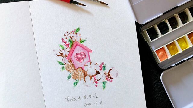 ins风水彩手绘插画,粉嫩的森系棉花球