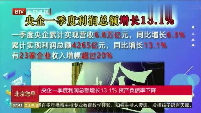 央企一季度利润总额增长13.1﹪ 资产负债率下降