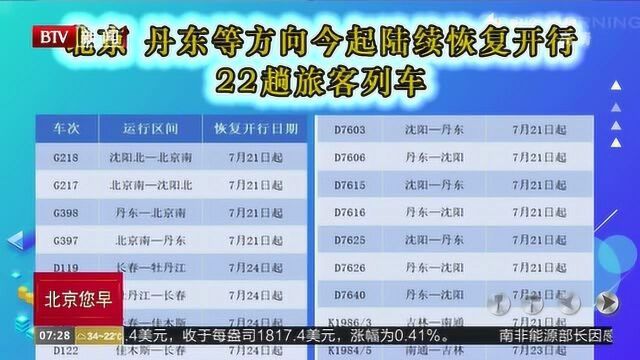 北京 丹东等方向7月21日起陆续恢复开行22趟旅客列车