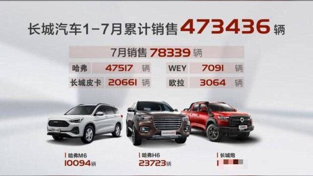 三款车型销量破万,长城汽车公布7月销量78339辆,同比增长30%