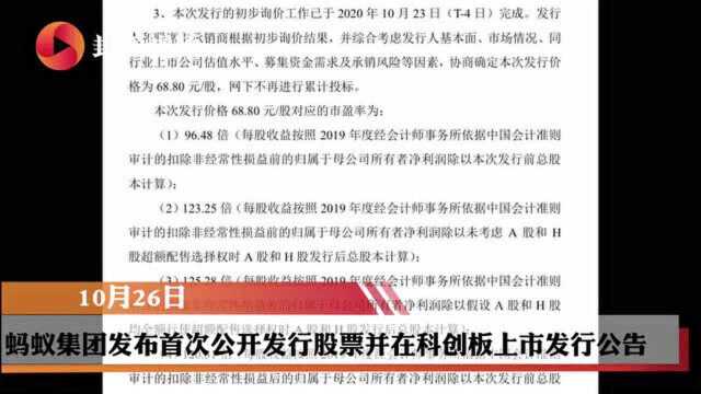 蚂蚁公布发行价:A股68.80元/股,港股80港元/股