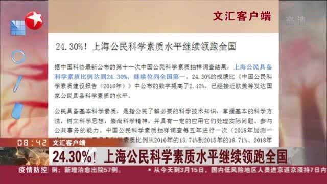 文汇客户端:24.30%!上海公民科学素质水平继续领跑全国