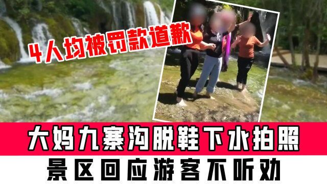 大妈九寨沟脱鞋下水拍照,景区回应游客不听劝,4人均被罚款道歉