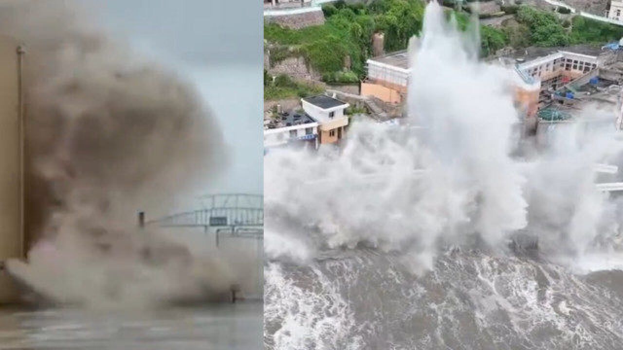 现场!浙江发布海浪红色警报,舟山嵊泗岛沙滩掀起20米高惊涛巨浪