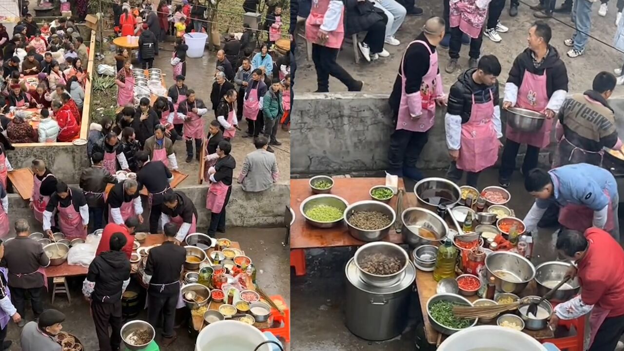 四川坝坝宴出菜现场 一眼望去清一色粉色“战袍” 全是大老爷们儿