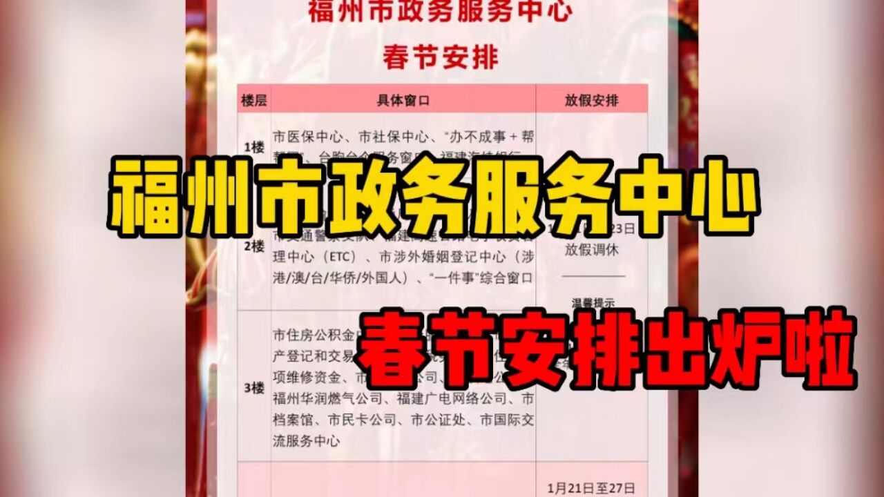 刚刚!福州市政务服务中心2023年春节安排出炉啦!