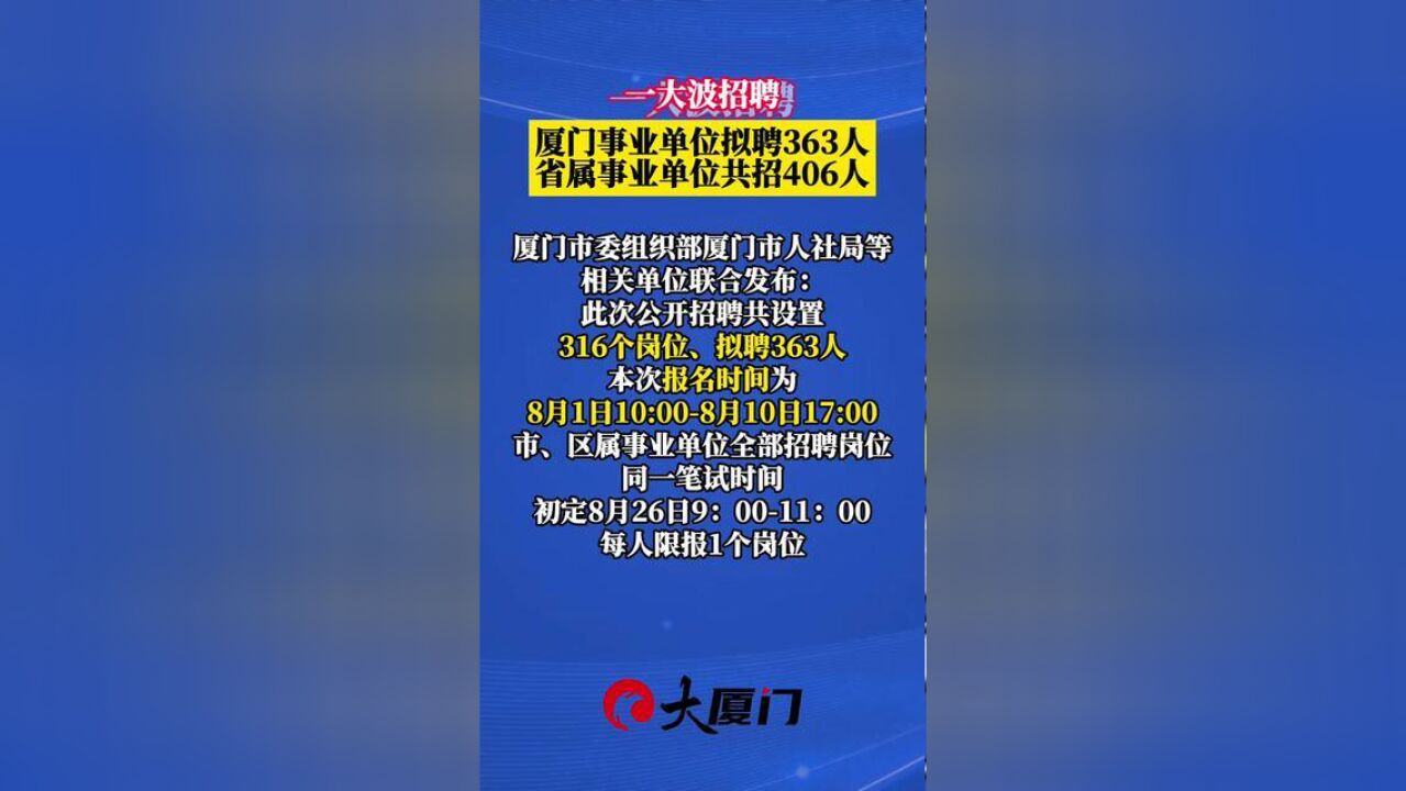 一大波招聘!厦门事业单位拟聘363人,省属事业单位共招406人