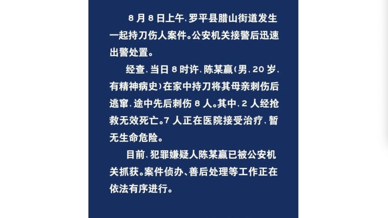 云南罗平警方通报一起持刀伤人案:致2死7伤,犯罪嫌疑人有精神病史