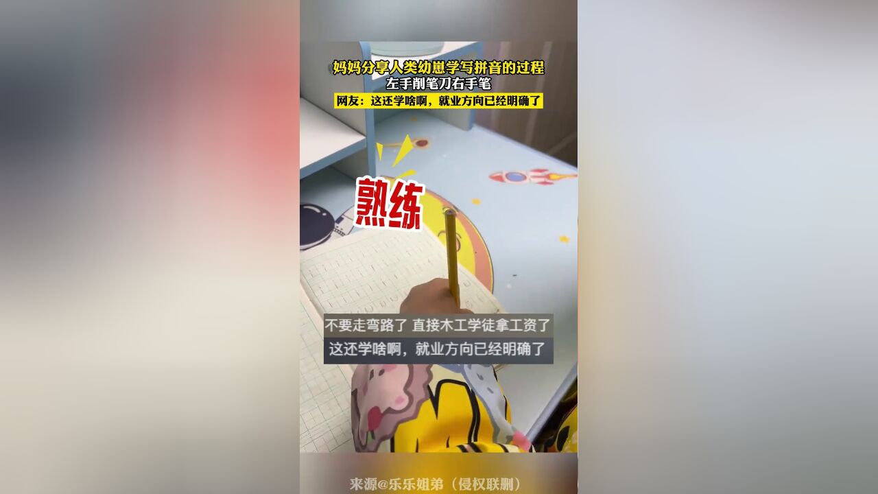 妈妈分享人类幼崽写拼音过程,左手削笔刀右手笔,网友:就业方向已经明确了