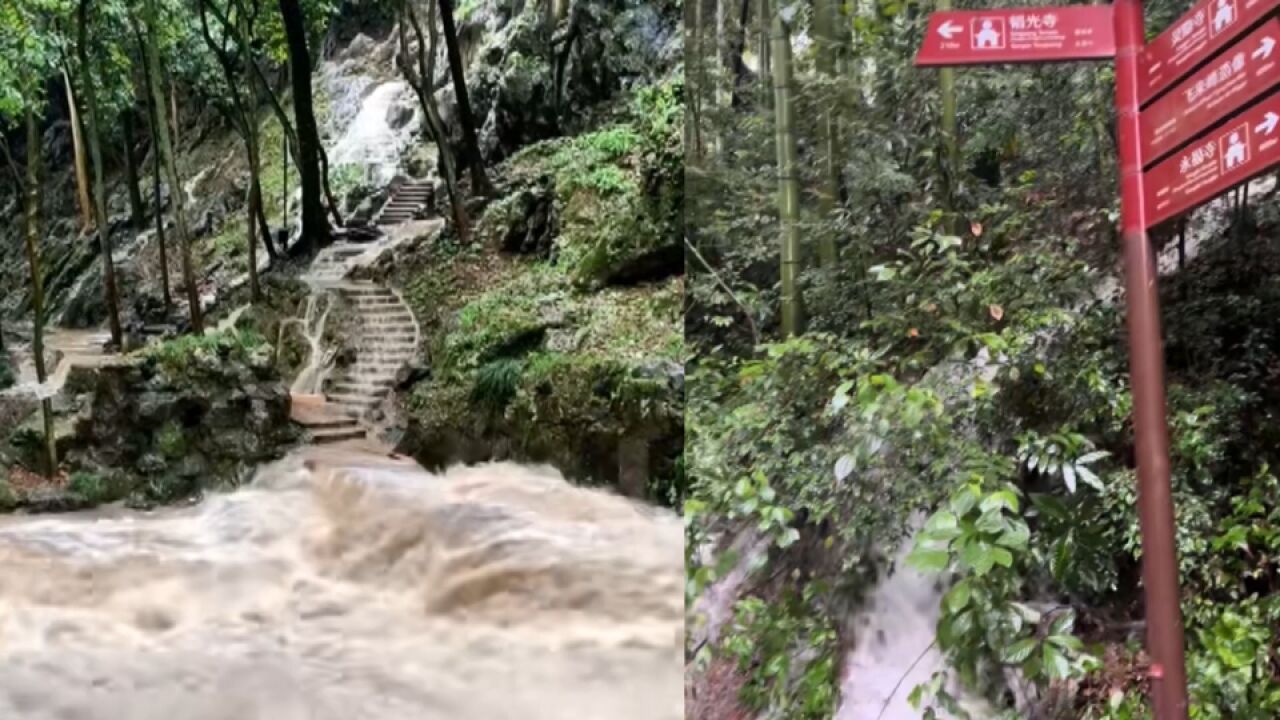 杭州灵隐寺遭遇暴雨袭击,水流湍急宛如瀑布,顺着步道流下