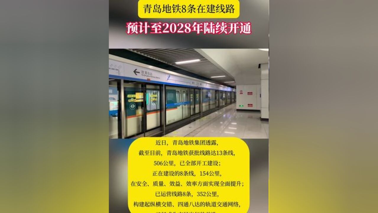 青岛地铁8条在建线路预计至2028年陆续开通 青岛市目前在建线路8条,154公里,其中,三期7条线路土建工程已过半,所有车站全部进入主体施工,51座...