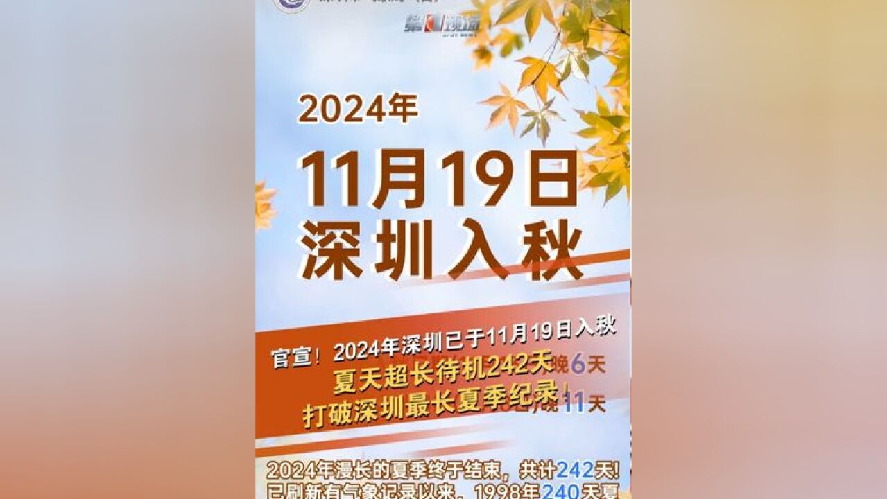 深圳天气官宣,2024年深圳已于11月19日入秋 ,比2023年入秋日期晚6天,比气候平均入秋日期晚11天