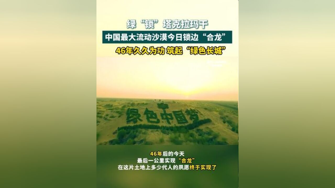 绿“锁”塔克拉玛干 中国最大流动沙漠今日锁边“合龙” 46年久久为功 筑起“绿色长城”