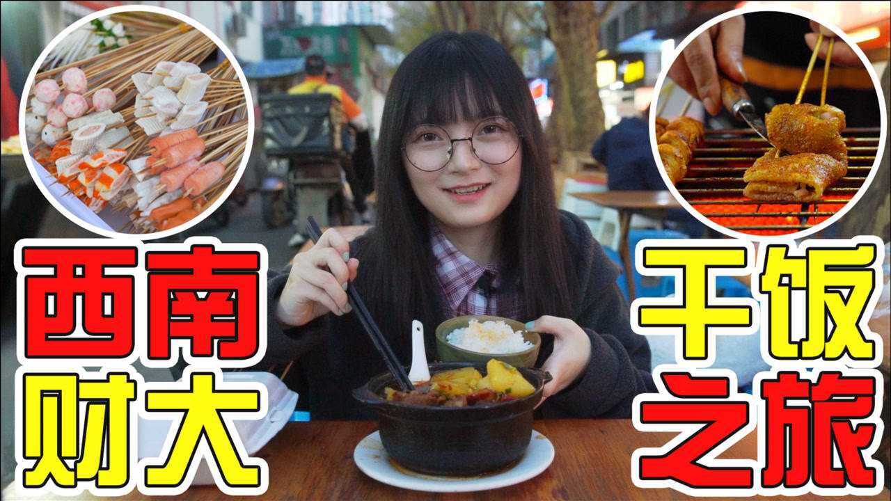 【圆圈圈】西南财大夜市小吃街干饭旅!串串麻辣拌&酥糯烤苕皮&砂锅肘子饭