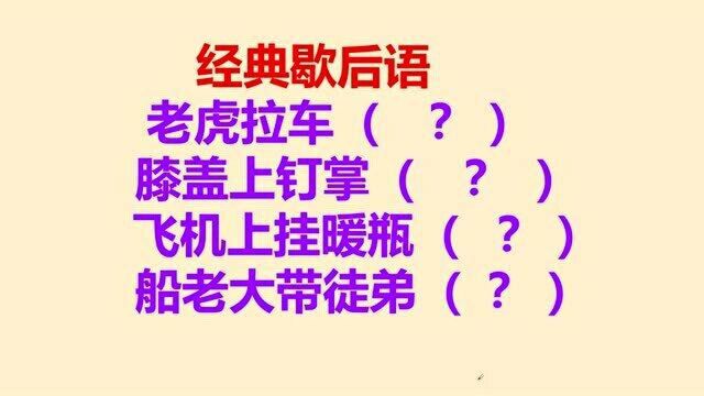 经典歇后语:老虎拉车,膝盖上钉掌,飞机上挂暖瓶,船老大带徒弟