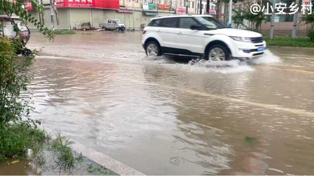 河南商丘受到台风影响,下起了暴雨!乡镇的街道积水严重!全部停水停电!