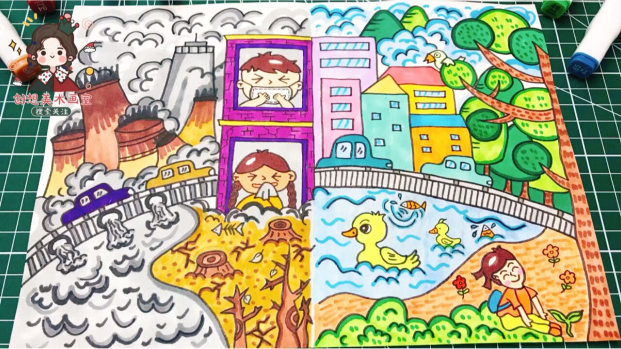 气候变化与健康主题儿童画,创建文明城市,保护地球环境,拥有绿色家园!