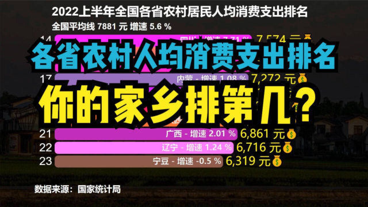 上半年各省农村人均消费支出排名,最低不足5000元,最高超1.4万元