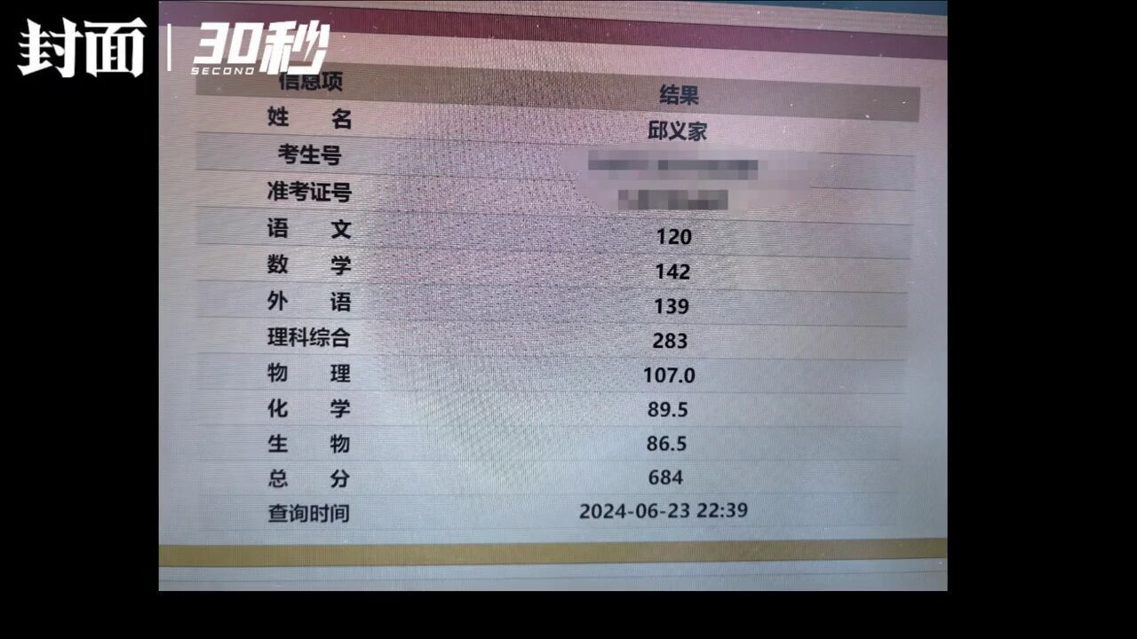 30秒|宜宾市一中考生邱义家取得高考理科684分好成绩