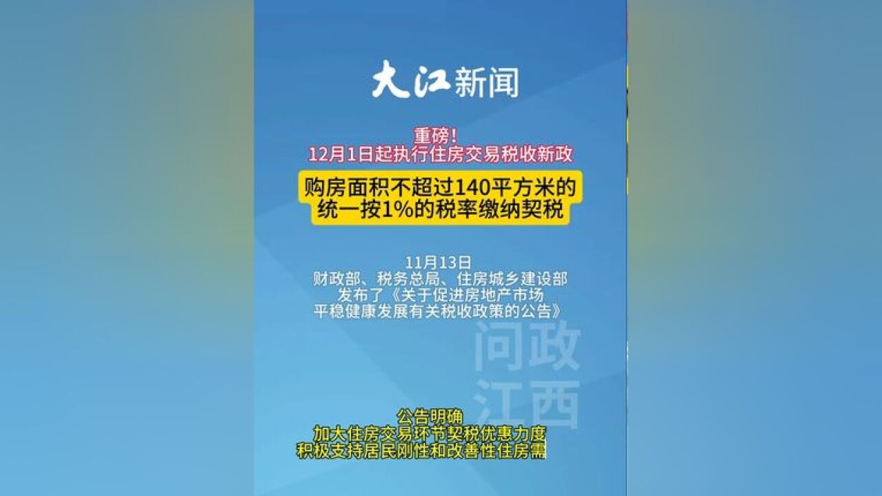 12月1日起执行住房交易税新政:购房面积不超过140平方米,统一按1%税率缴纳契税