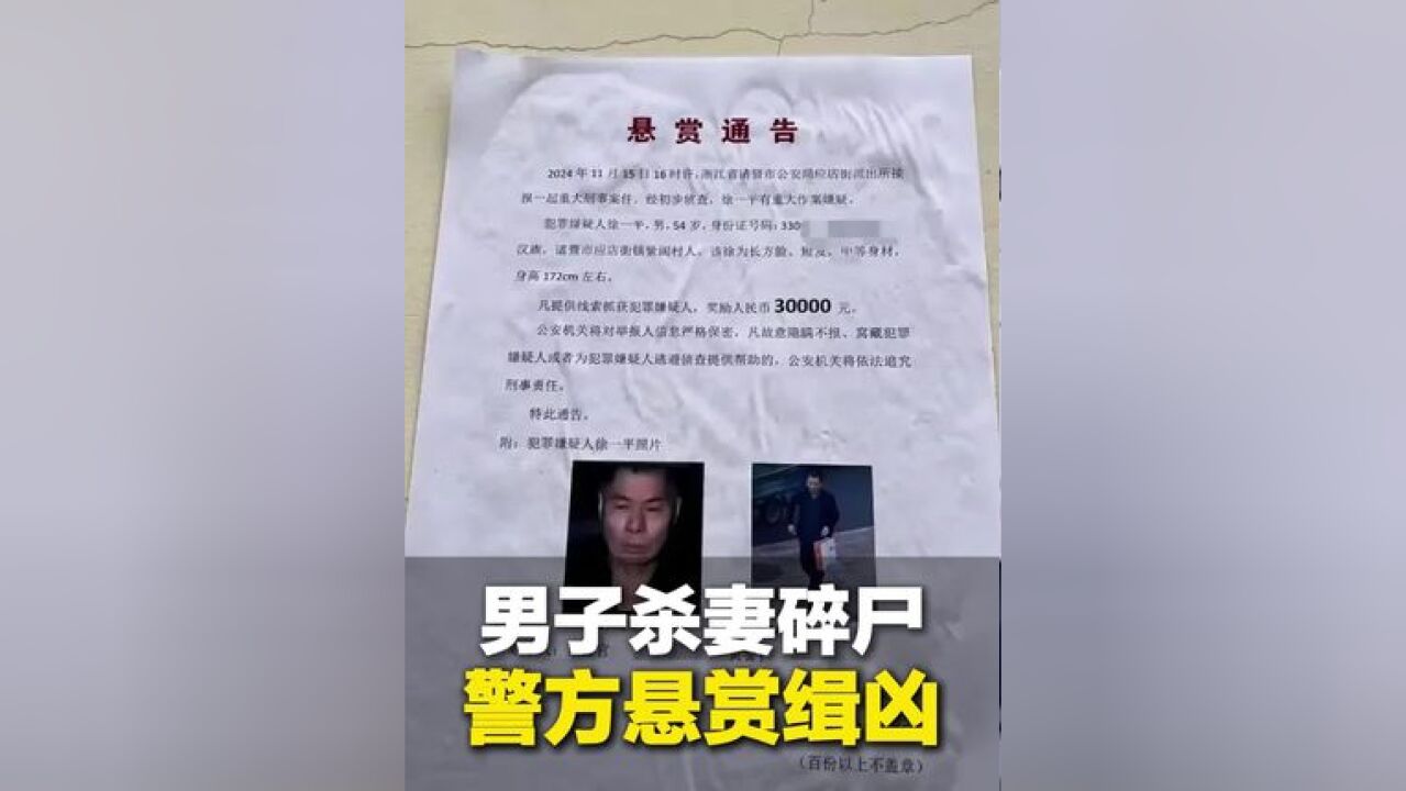 浙江诸暨发生重大刑案54岁男子在逃,警方悬赏30000元缉凶,村民:他杀妻碎尸