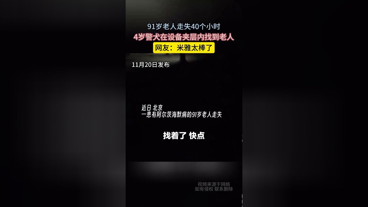 91岁老人走失40个小时,4岁警犬在设备夹层内找到老人