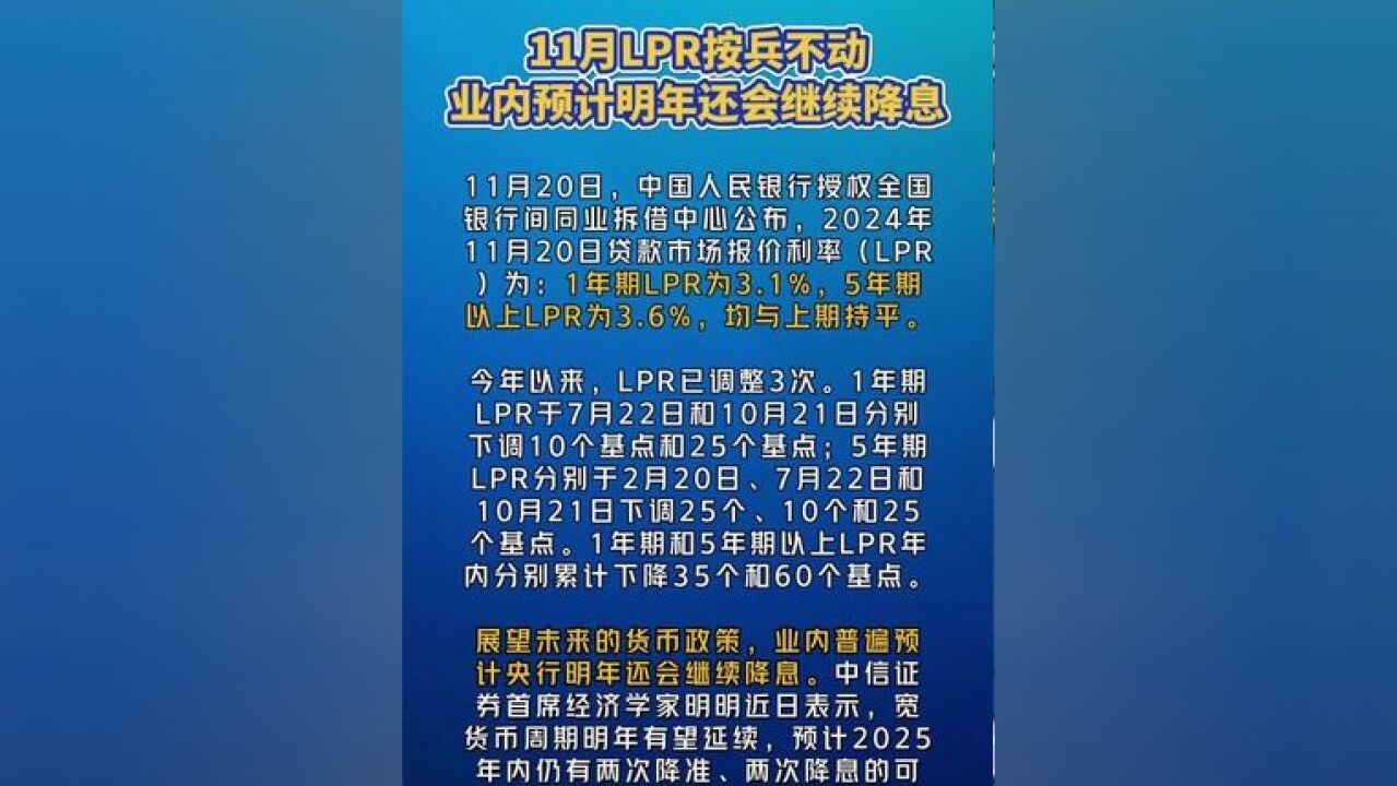 #11月LPR按兵不动 #业内预计明年还会继续降息