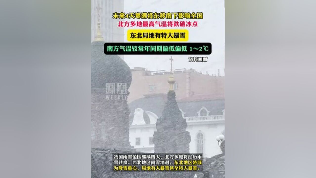 未来4天寒潮将东移南下影响全国,北方多地最气高温将跌破冰点,东北局地有特大暴雪