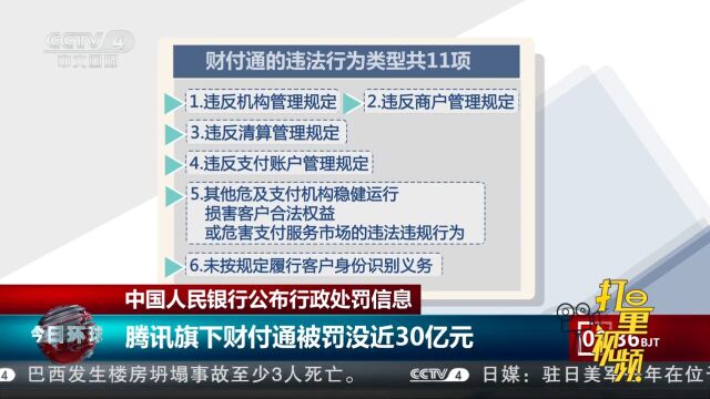 中国人民银行公布行政处罚信息,腾讯旗下财付通被罚没近30亿元