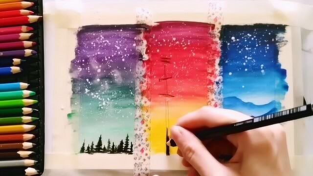 水彩小幅雪景,画面唯美