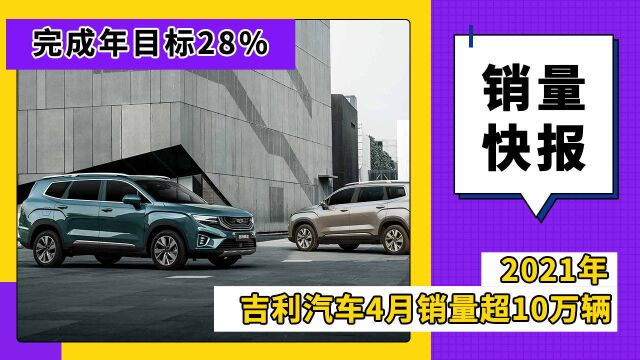 吉利汽车4月销量超10万辆,完成年目标28%