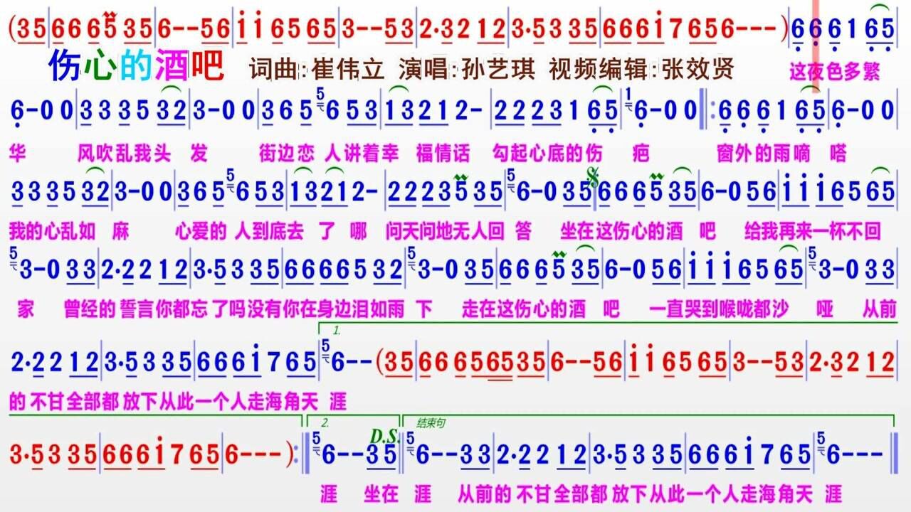 孙艺琪演唱《伤心的酒吧》的光标跟随动态有声简谱_腾讯视频