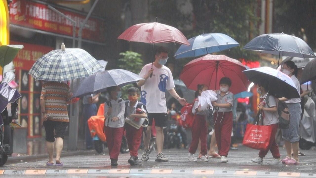 广州市部分区域现强雷雨,萌娃们雨中撑伞换上小雨鞋放学