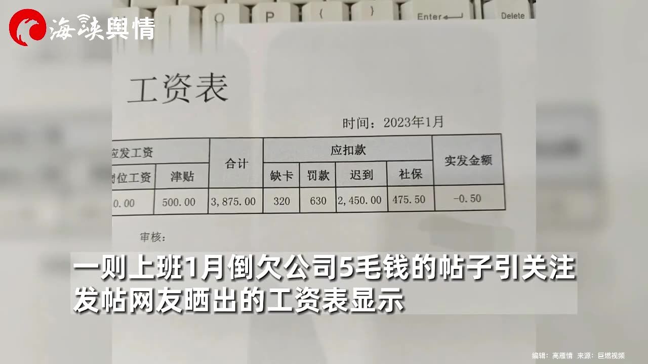 离谱!重庆一女子上班1个月倒欠公司5毛钱,工资单曝光让人傻眼