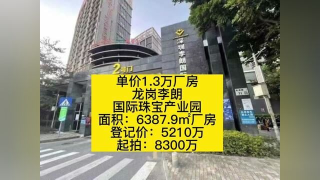 单价1.3万厂房 龙岗李朗 国际珠宝产业园 面积:6387.9㎡厂房 登记价:5210万 起拍:8300万