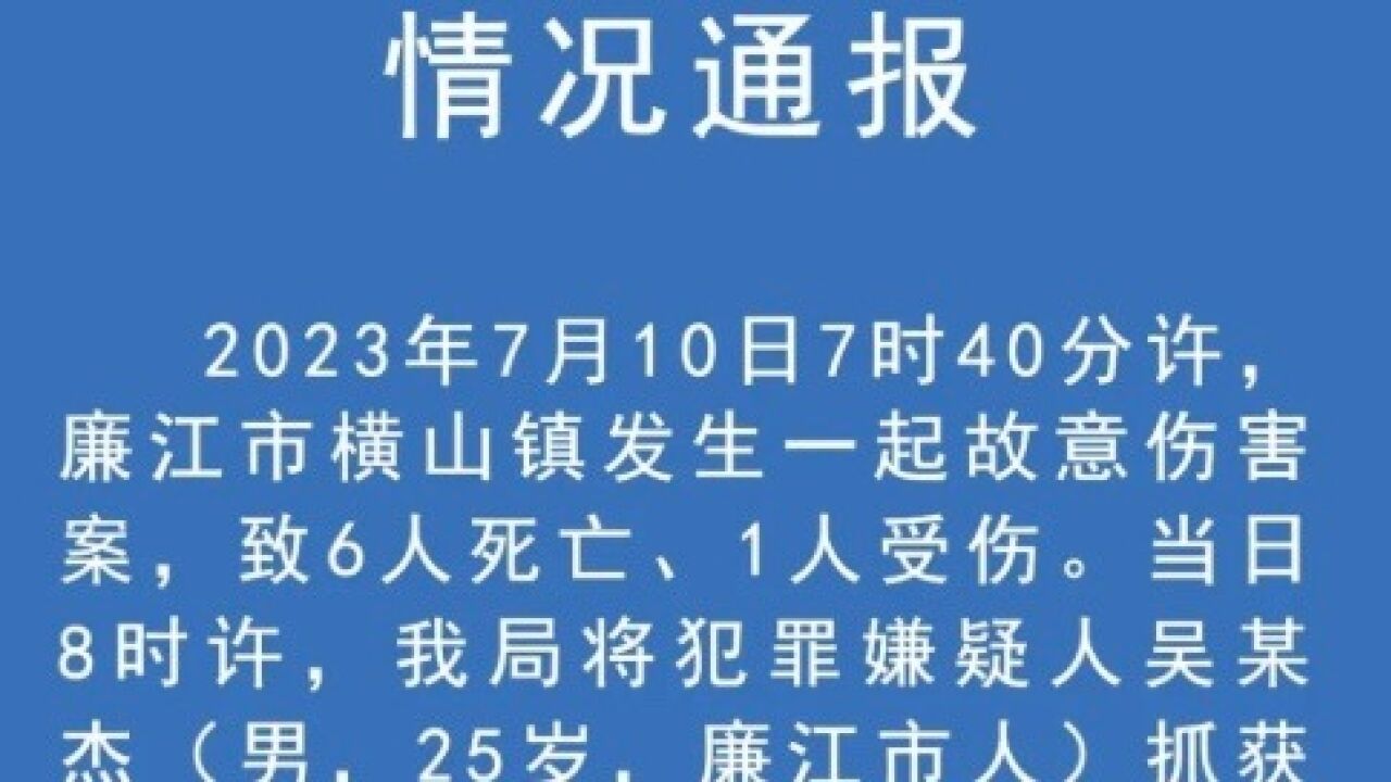 广东廉江公安通报横山镇故意伤害案:致6死1伤,嫌犯已抓获归案