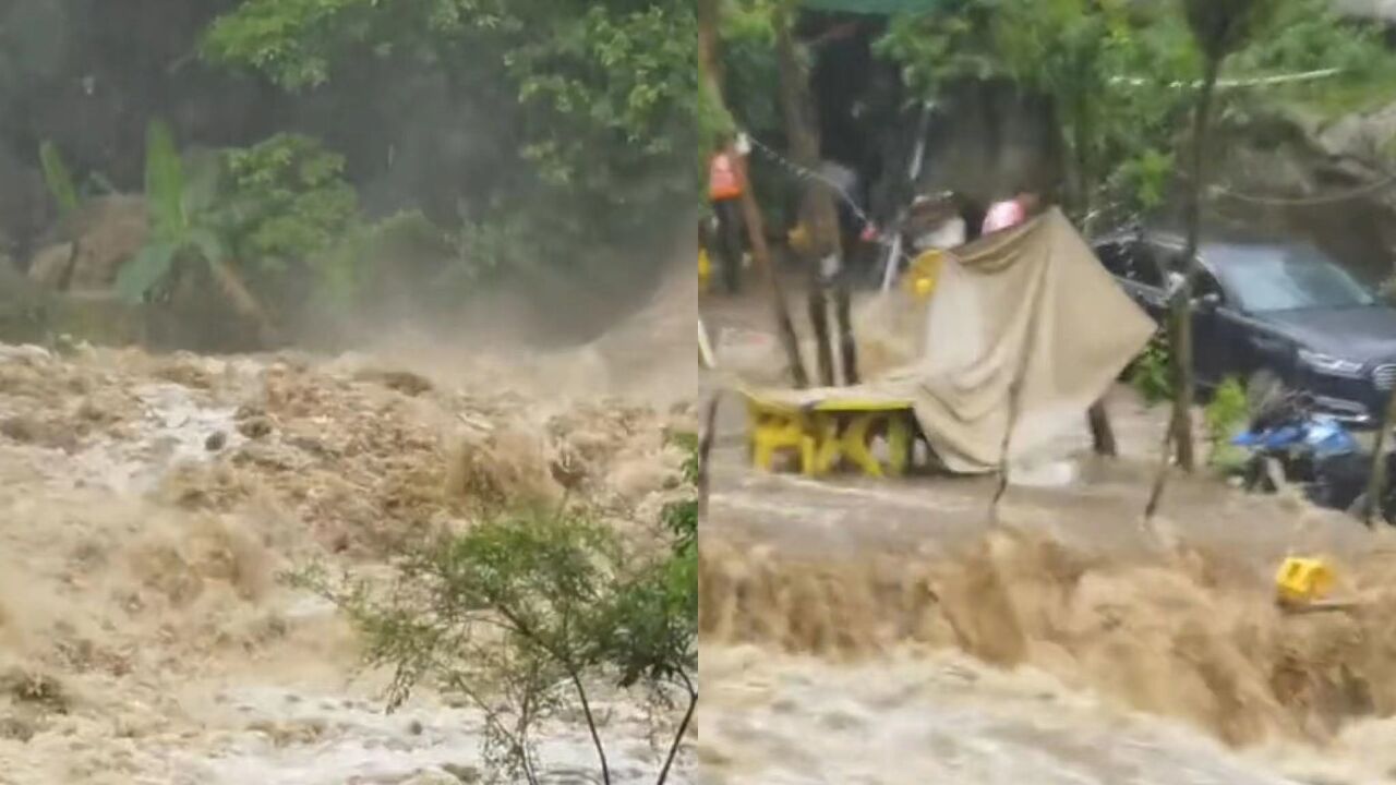 广西上林一地突发山洪,目击者:10秒内水位猛涨30厘米,多家商户组织游客撤离避险