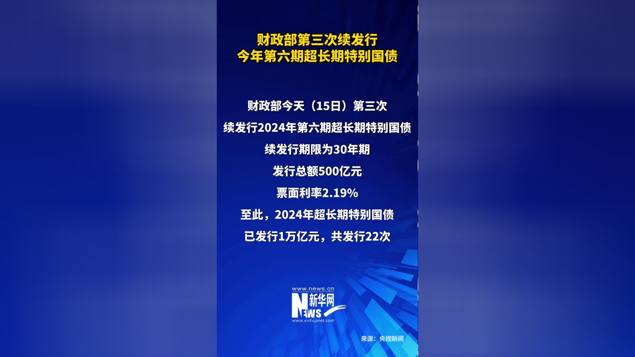 财政部第三次续发行今年第六期超长期特别国债