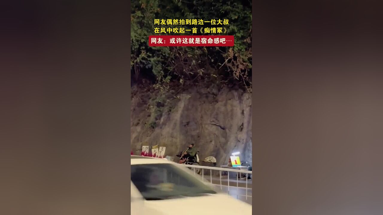 网友偶然拍到路边一位,大叔在风中吹起一首《痴情冢》,网友:或许这就是宿命感吧…